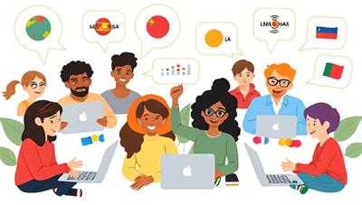 A lively digital illustration of diverse individuals engaging in virtual language exchange sessions on laptops and tablets, with speech bubbles showcasing different languages being spoken, creating a vibrant and multicultural learning environment.