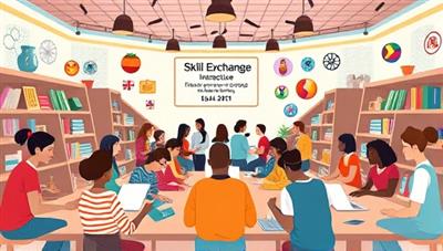 An interactive virtual skill exchange marketplace showcasing a diverse array of skills and talents, with avatars engaging in virtual workshops, language lessons, coding sessions, and creative tutorials, fostering a vibrant and collaborative learning community.