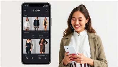 A sleek and modern smartphone screen displaying various outfit combinations generated by the AI stylist, alongside a happy user browsing through the recommendations, conveying convenience and style inspiration.