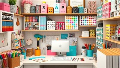 An image of a cozy crafting corner filled with colorful CraftCrazeBox supplies, tools, and finished DIY projects displayed on shelves, inspiring creativity and showcasing the joy of crafting at home with CraftCrazeBox's monthly subscription kits.