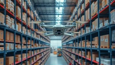 An aerial view of a warehouse with autonomous drones flying in organized patterns, scanning shelves and updating inventory data in real-time, illustrating the futuristic approach to inventory management.