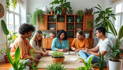 An inspiring image of a virtual sustainable living workshop, featuring a diverse group of participants learning about composting techniques, upcycling projects, and sustainable fashion tips, surrounded by eco-friendly home decor and plant-filled spaces, embodying a harmonious connection with nature and community.