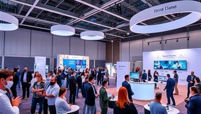 A dynamic virtual event setup featuring a digital conference hall with interactive booths, live streaming sessions, and networking lounges, filled with virtual attendees engaging in discussions and presentations, capturing the essence of innovative and engaging virtual events.