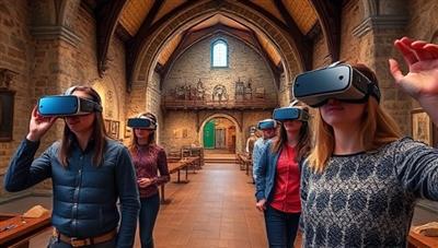 An immersive virtual reality history tour scene with users wearing VR headsets and exploring a medieval castle, guided by a digital avatar of a historian, surrounded by historical artifacts and interactive elements, creating a captivating and educational experience through TimeWarp Tours.
