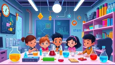 An animated depiction of a virtual STEM lab filled with colorful gadgets and experiments, with a diverse group of children and a tutor engaged in hands-on learning activities, sparking curiosity and creativity.