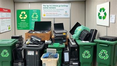 An image of a collection point with various electronic devices being sorted for recycling, surrounded by eco-friendly signage and recycling bins, emphasizing a green and sustainable approach to tech disposal.