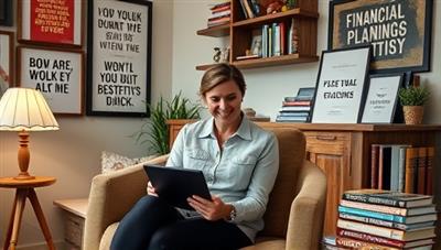 A professional coach sitting in a cozy home office, having a video call with a client and discussing financial strategies on a digital tablet, surrounded by motivational quotes and financial planning books.