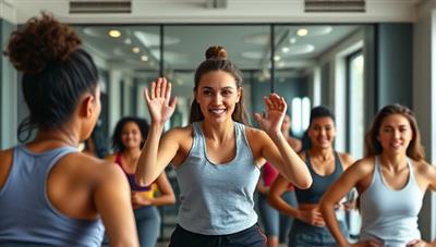 A dynamic and energetic image of a virtual fitness coach leading an online workout session, with participants of diverse backgrounds following along enthusiastically, showcasing inclusivity and motivation.