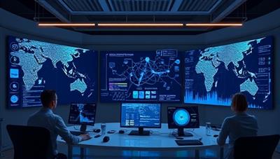 A digital workspace featuring a blockchain network visualization on multiple screens, with a team of auditors analyzing crypto transactions, emphasizing the security and transparency of BlockAudit's services.