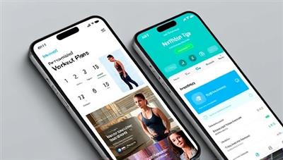 A sleek and modern app interface displaying personalized workout plans, nutrition tips, and progress tracking features, with motivational quotes and vibrant fitness images, inspiring users to achieve their fitness goals.