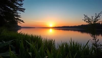 A serene nature scene with a calm lake, lush greenery, and a peaceful sunset, conveying a sense of tranquility and relaxation that users can experience through the mindfulness and meditation practices on the Calm Oasis App.