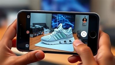 An AR-enhanced mobile screen displaying a lifelike virtual product seamlessly integrated into a real-world environment, such as a virtual pair of sneakers placed on a user's desk, demonstrating the captivating and interactive nature of AR BrandSphere's product placements.