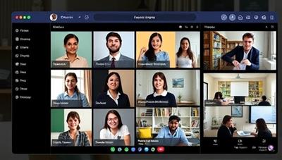 An online platform interface displaying profiles of mentors and students, with virtual meeting rooms and interactive workshop spaces, conveying a sense of connection and mentorship support in a digital environment.
