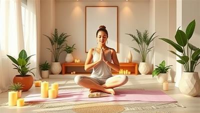 A serene virtual wellness retreat setting with a yoga instructor leading a meditation session, surrounded by candles, plants, and tranquil decor elements, creating a peaceful and rejuvenating ambiance for participants to unwind and recharge.