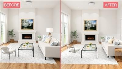 A digital rendering of a cozy living room transformed by virtual interior design services, featuring before-and-after images, trendy furniture placements, and color schemes, highlighting the impact of professional design expertise.