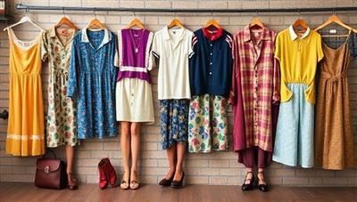 A visually appealing collage of vintage clothing pieces from different decades arranged in a retro-inspired setting, showcasing the eclectic and timeless charm of the fashion finds available on RetroRevive Boutique, inviting customers to explore the world of vintage fashion.