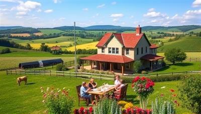A picturesque farmhouse nestled amidst rolling hills and lush green fields, with guests enjoying a farm-to-table meal outdoors, surrounded by blooming flowers and grazing livestock, capturing the idyllic charm and tranquility of a FarmVista Retreats farm stay.