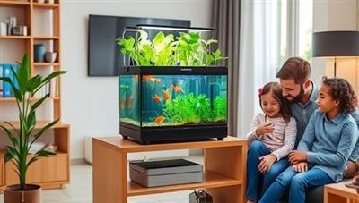 An inviting living room setup featuring a compact aquaponic garden kit on a stylish shelf, with colorful fish swimming in the tank, lush greens growing above, and a family happily tending to the mini ecosystem, highlighting the educational and sustainable aspects of the product.