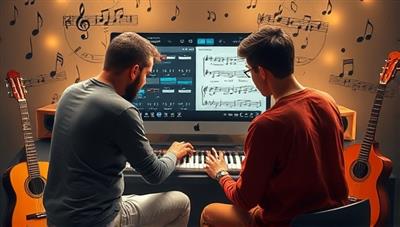 An artistic depiction of a virtual music mentorship session, showing a mentor guiding a musician through a composition on a digital music interface, surrounded by musical notes and instruments, capturing the essence of creativity and collaboration in music mentorship.