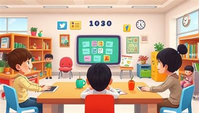An artistic depiction of a colorful online classroom environment with animated characters guiding children through interactive learning activities, sparking curiosity and creativity.