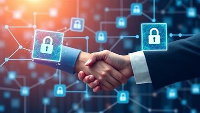 A visually striking representation of blockchain technology in action, featuring interconnected blocks representing verified credentials, secure encryption mechanisms, and a digital handshake symbolizing trust and transparency in credential verification processes, instilling confidence and reliability.