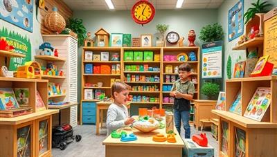 An inviting and colorful toy store filled with eco-friendly STEM toys made from recycled materials, featuring children actively engaged in hands-on learning activities, surrounded by educational posters on environmental conservation and renewable energy sources, promoting a fun and sustainable play environment.