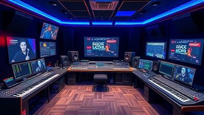 An immersive digital studio environment with virtual instruments, mixing consoles, and collaborative music projects in progress, showcasing a dynamic and creative space for musicians and producers to connect, create, and collaborate in a virtual music production studio.