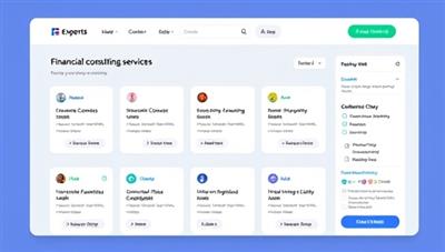 An interactive platform interface displaying a variety of financial consulting services offered by experts, with a seamless booking system and real-time chat features for instant communication, fostering a dynamic marketplace for financial advice.