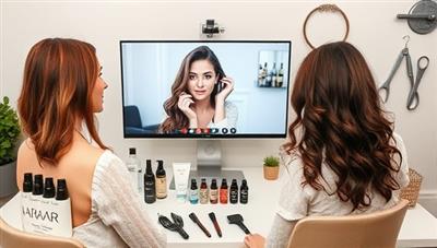 A virtual hair consultation setup featuring a stylist demonstrating haircare techniques on a model via a video call, surrounded by a selection of customized haircare kits, styling tools, and hair accessories, conveying a sense of expertise and personalized care for hair concerns.