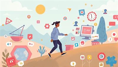 An inspirational illustration of a mentor guiding a protege through a digital landscape filled with design tools and creativity, symbolizing the supportive and collaborative environment of Design Pathways.