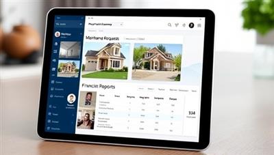 A sleek and intuitive property management platform interface displayed on a tablet, showing virtual property tours, maintenance request tracking, and financial reports in a user-friendly design, symbolizing efficiency and convenience in remote property management.