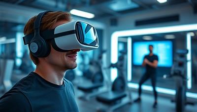 An exciting virtual reality simulation showcasing a user wearing a VR headset, immersed in a digital gym environment with futuristic equipment and a virtual instructor guiding the workout, illustrating the blend of technology and fitness in a captivating manner.