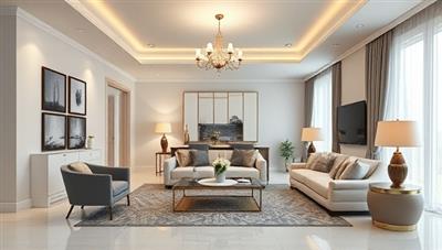 An elegant virtual room rendering showcasing a beautifully designed living space with stylish furniture, lighting fixtures, and decor accents, reflecting a modern and inviting ambiance that inspires clients to transform their homes.