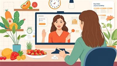 An illustrative depiction of a virtual nutrition coaching session, with a nutritionist discussing meal plans with a client through a video call, surrounded by healthy food visuals and nutritional charts, conveying the essence of personalized and informative virtual nutrition coaching services.