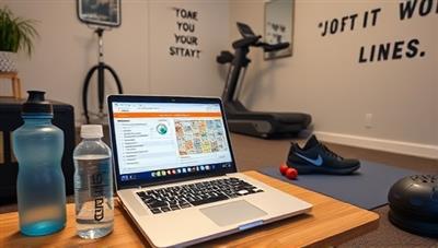 An energetic workout space at home with a laptop displaying a personalized fitness plan, workout equipment, a water bottle, and motivational quotes on the walls, creating a motivating and focused atmosphere.
