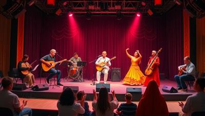 An online stage setup with musicians playing traditional instruments, dancers in vibrant costumes, and a global audience interacting virtually, creating a dynamic and immersive cultural music experience that transcends borders.