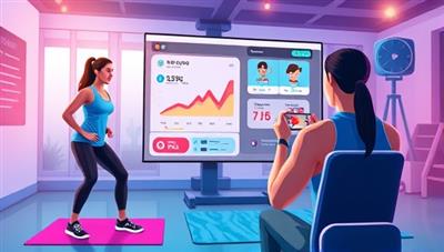 A dynamic digital illustration showcasing a virtual fitness coaching session on FitFlex Coach, with a fitness trainer guiding clients through an interactive workout routine, tracking progress on a virtual dashboard, and providing motivational support in a high-energy and engaging virtual fitness environment.