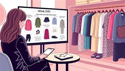 An artistic rendering of a virtual styling session with a stylist presenting fashion mood boards, outfit inspirations, and accessory recommendations on a digital screen, surrounded by a virtual closet displaying clothing options, creating a chic and personalized styling experience.