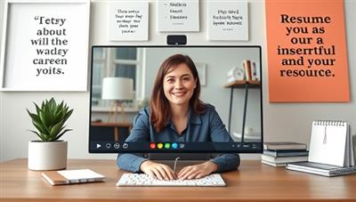 A virtual career coaching session featuring a career coach providing feedback on a client's resume and discussing career goals through a video call, surrounded by motivational quotes and industry-specific resources, fostering a supportive and empowering career development environment.