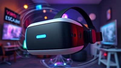 An exciting VR headset display with virtual escape room graphics swirling around it, showcasing the immersive and captivating experience awaiting players, blending reality with fantasy.