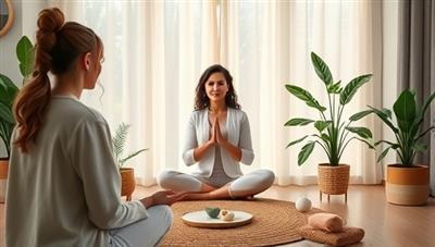 A serene virtual wellness studio setting with a coach guiding a client through a mindfulness exercise, surrounded by soothing nature elements and wellness tools, creating a peaceful and supportive atmosphere for personal growth and well-being.
