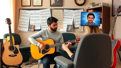 An online music lesson scene with a beginner student learning to play the guitar, guided by a music instructor on-screen, surrounded by musical notes, instruments, and a cozy virtual classroom setting, conveying learning and musical inspiration.