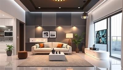 An elegantly designed smart home setup with integrated smart devices like lighting, security cameras, and voice-activated assistants, creating a futuristic and connected living space, representing the seamless and modern smart home solutions provided by SmartNest Solutions.