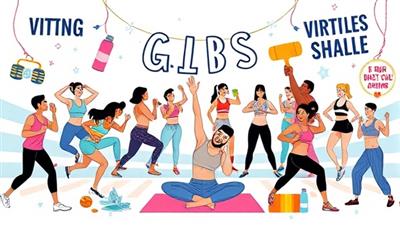 An energetic digital illustration featuring a virtual fitness challenge scene with participants engaging in high-intensity workouts, yoga poses, and wellness activities, surrounded by fitness trackers, water bottles, and motivational quotes, conveying energy and movement in a virtual fitness community.