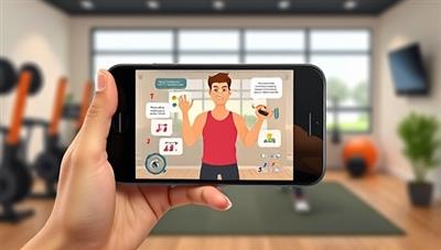 An illustration of a virtual fitness coach on a smartphone screen, guiding a user through a workout routine with animated exercise demonstrations and motivational messages, set against a backdrop of a modern home gym.