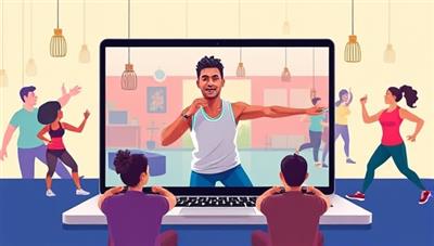 A dynamic and vibrant digital illustration of a virtual fitness coach leading an energetic workout session on a laptop screen, surrounded by virtual participants exercising in various settings, showcasing inclusivity and motivation.