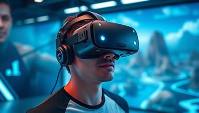 An individual wearing a VR headset, fully immersed in a virtual reality workout environment, surrounded by futuristic digital landscapes and fitness challenges, showcasing the cutting-edge and engaging nature of VR Fit Zone.
