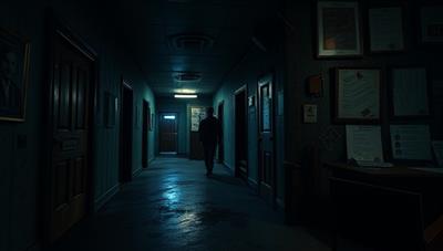 An atmospheric virtual mystery setting with shadowy corridors, hidden clues, and a mysterious figure leaving behind cryptic messages, setting the stage for an immersive and suspenseful detective challenge.