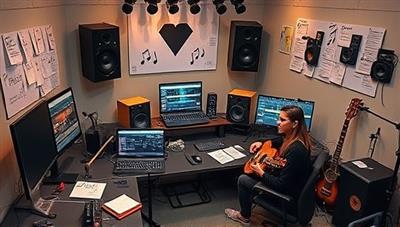 An inspiring image of a virtual music production workshop with participants engaged in creating music tracks on their computers, surrounded by musical instruments, studio equipment, and creative notes, fostering a collaborative and innovative learning environment.