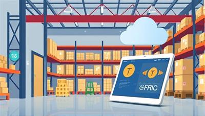 An illustration of a small warehouse facility with IoT sensors and RFID tags on inventory items, seamlessly integrated into a cloud-based inventory management system on a tablet, showcasing the simplicity and efficiency of smart inventory tracking.
